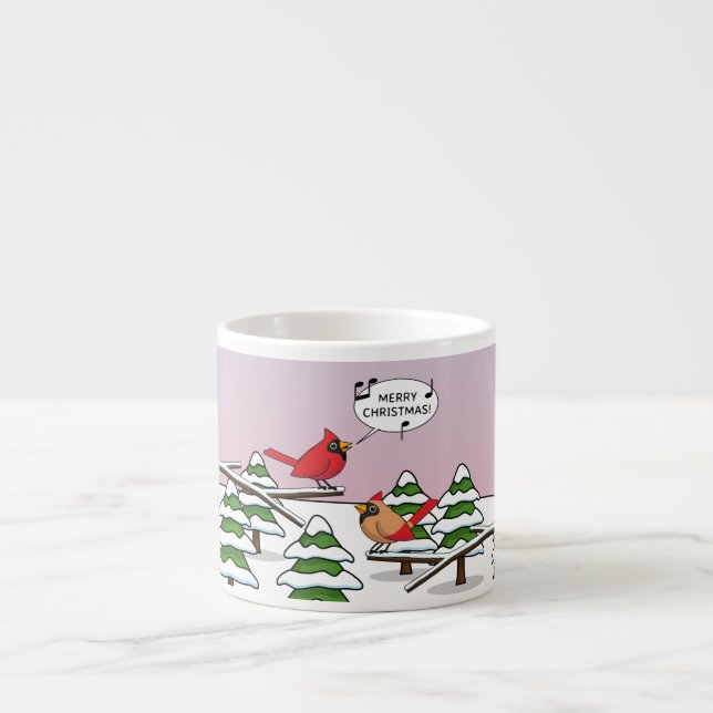Cute Red Cardinal Singing Merry Christmas Espresso Cup (Front)