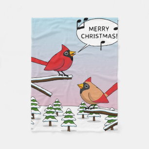 Cute Red Cardinal Singing Merry Christmas Fleece Blanket