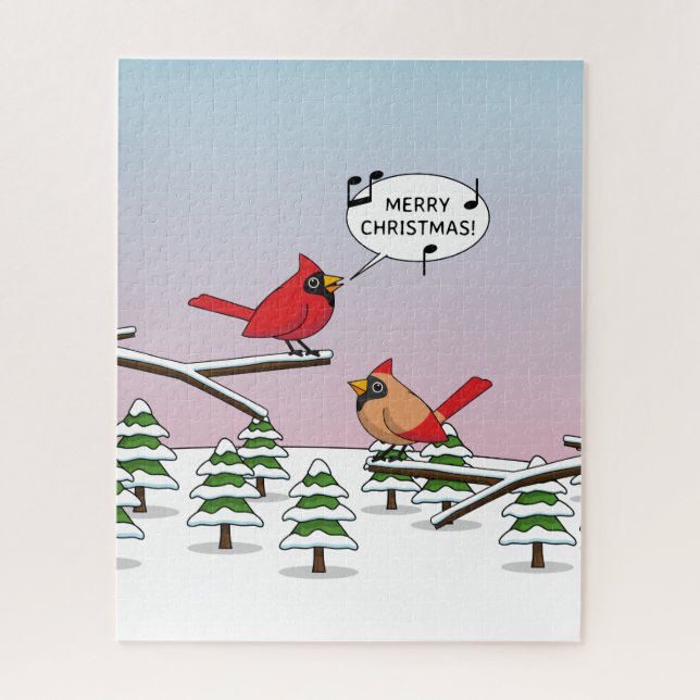 Cute Red Cardinal Singing Merry Christmas Jigsaw Puzzle (Vertical)