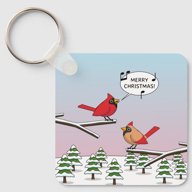 Cute Red Cardinal Singing Merry Christmas Key Ring (Front)