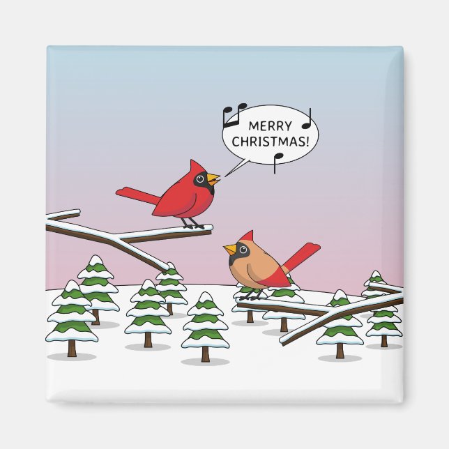 Cute Red Cardinal Singing Merry Christmas Magnet (Front)