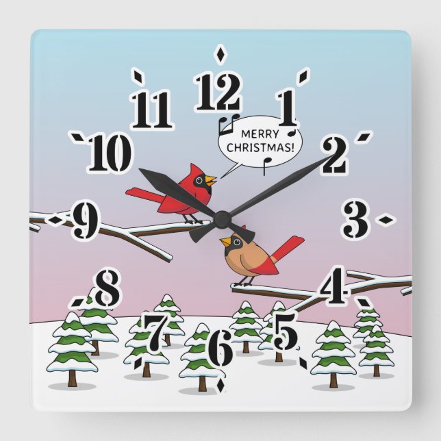 Cute Red Cardinal Singing Merry Christmas Square Wall Clock (Front)