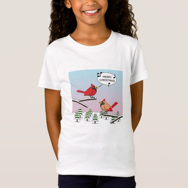 Cute Red Cardinal Singing Merry Christmas T-Shirt (Front)