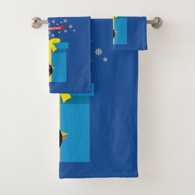 Cute Red Cardinal With Blue Gift Bath Towel Set (Insitu)