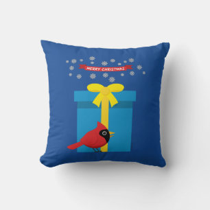 Cute Red Cardinal With Blue Gift Cushion