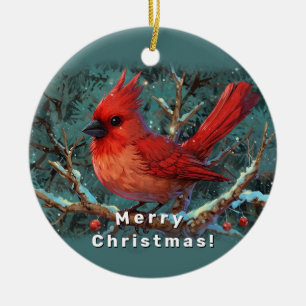 Cute Red Cardinal with Winter Red Berries Ceramic Tree Decoration