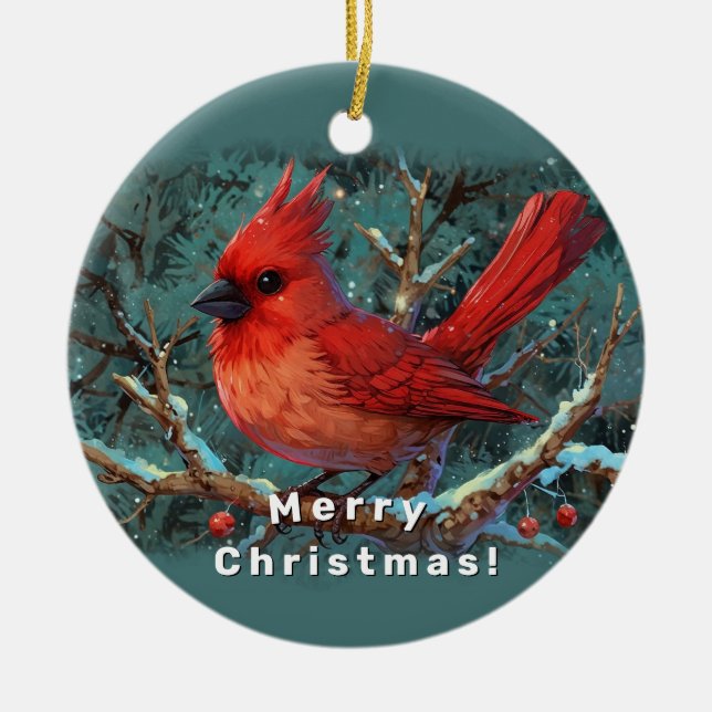 Cute Red Cardinal with Winter Red Berries Ceramic Tree Decoration (Front)