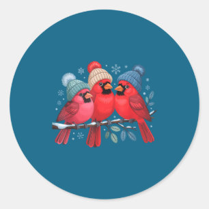 Cute Red Cardinals With Knitted Hats Winter Bird A Classic Round Sticker