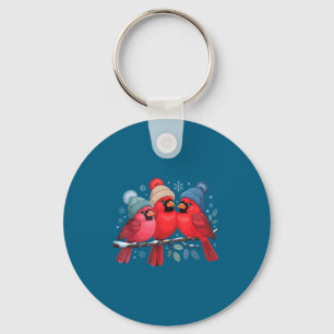 Cute Red Cardinals With Knitted Hats Winter Bird A Key Ring