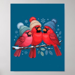 Cute Red Cardinals With Knitted Hats Winter Bird A Poster