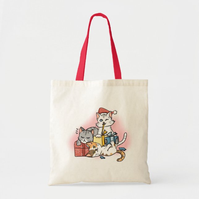 Cute Red Cartoon Christmas Kittens unwrap Gifts  Tote Bag (Front)