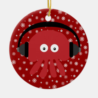 Cute Red Cartoon DJ Jellyfish & Snowflakes Ceramic Tree Decoration