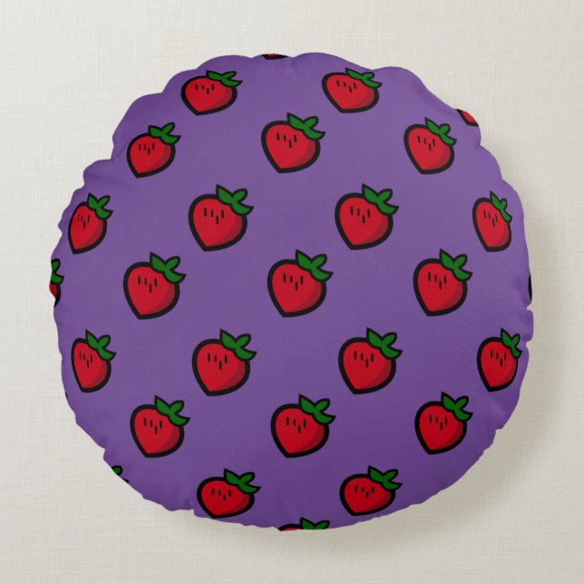 Cute Red Cartoon Strawberries for Vegetarians Round Cushion (Front)