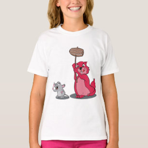Cute Red Cat and Grey Mouse Girls' Tee - Playful 