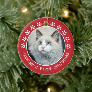 Cute Red Cat Paw Prints Photo Frame Christmas Ceramic Tree Decoration