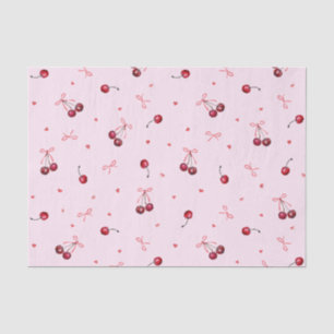 Cute Red Cherries Hearts Bows on Pink Tissue Paper