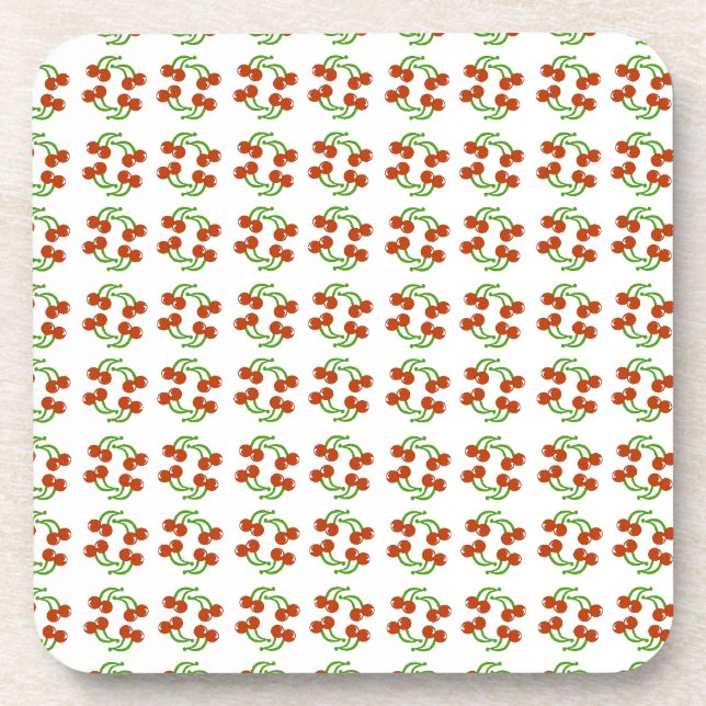 Cute Red Cherries on White Kitschy Pattern Design Coaster (Front)