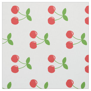 Cute Red Cherries With Green Leaves on White Fabric