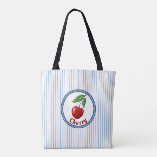 Cute Red Cherry and Blue Stripes Personalised Tote Bag