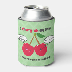 Cute Red Cherry Kawaii Twins Birthday Can Cooler