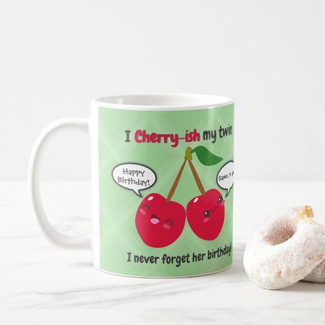 Cute Red Cherry Kawaii Twins Birthday Coffee Mug (With Donut)