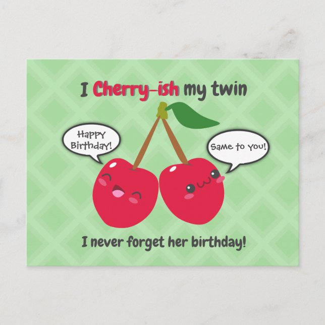 Cute Red Cherry Kawaii Twins Birthday Postcard (Front)