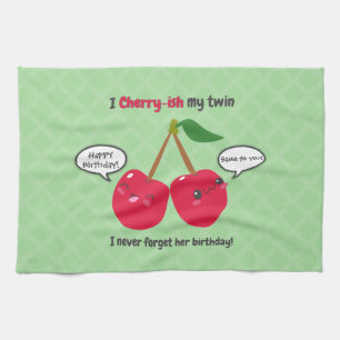 Cute Red Cherry Kawaii Twins Birthday Tea Towel