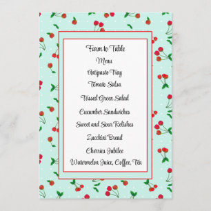 Cute Red Cherry Stems on Teal Menu Card