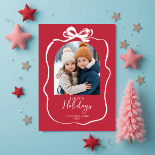 Cute Red Christmas 4 Photo Hand-Drawn Bow Ribbon  Holiday Card