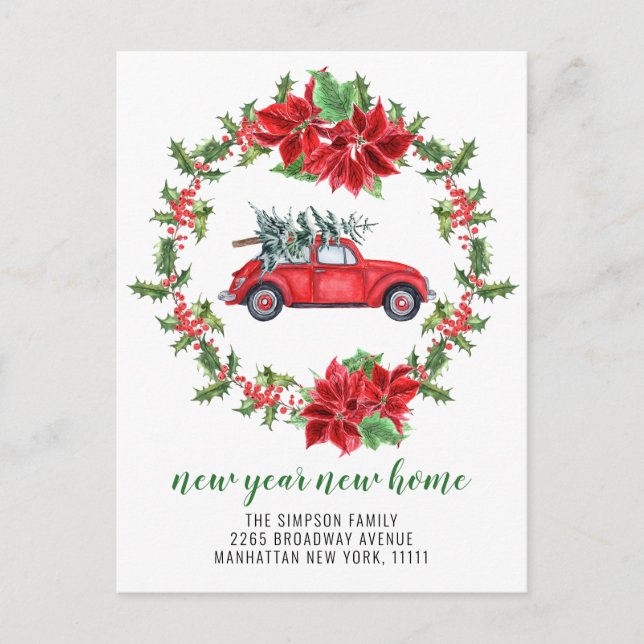 Cute Red Christmas Car Holiday Moving Announcement Postcard (Front)