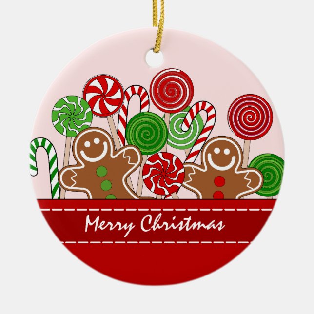Cute red Christmas gingerbreads Ceramic Tree Decoration (Front)
