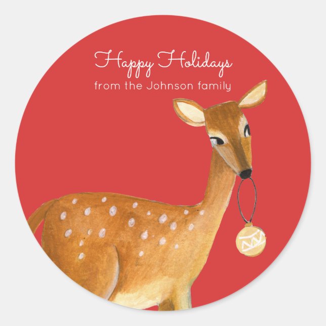 Cute Red Christmas Holiday Animal Deer Classic Round Sticker (Front)