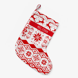 Cute Red Christmas Knitted Reindeer And Snowflakes Small Christmas Stocking