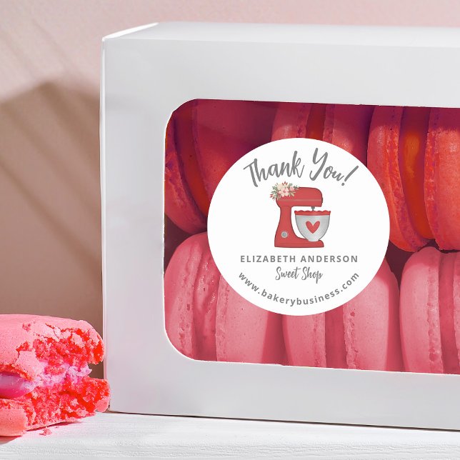 Cute Red Christmas Mixer Bakery Business Thank You Classic Round Sticker (A festive Christmas Holiday thank you sticker for your small business Christmas packaging.)