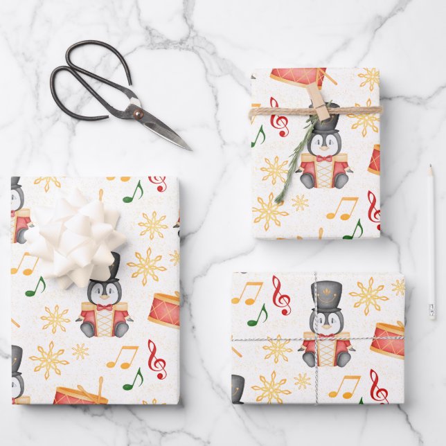 Cute Red Christmas Nutcracker Penguin Wrapping Paper Sheet (Front)