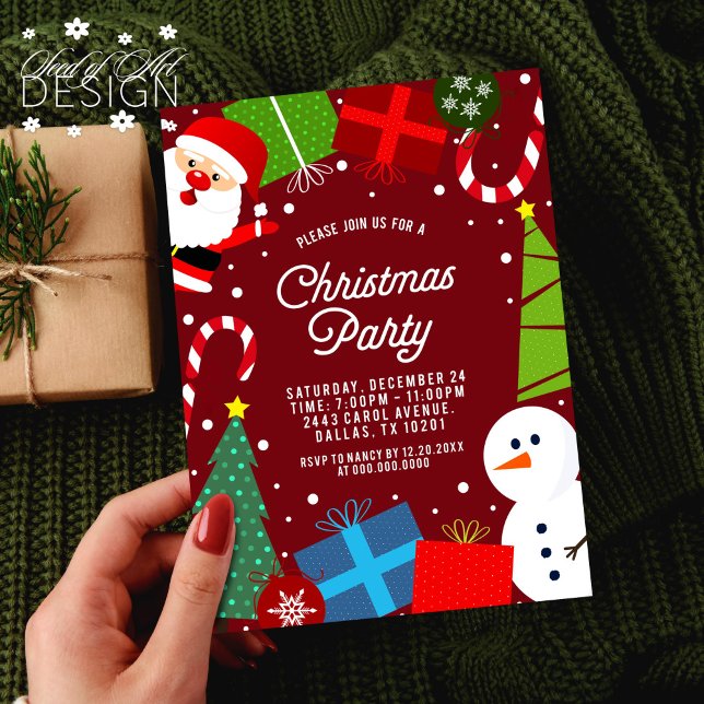 Cute Red Christmas Party Santa & Snowman Invitation (Creator Uploaded)