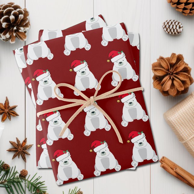 Cute Red Christmas Polar Bear Santa Hat Kids Wrapping Paper Sheet (Creator Uploaded)