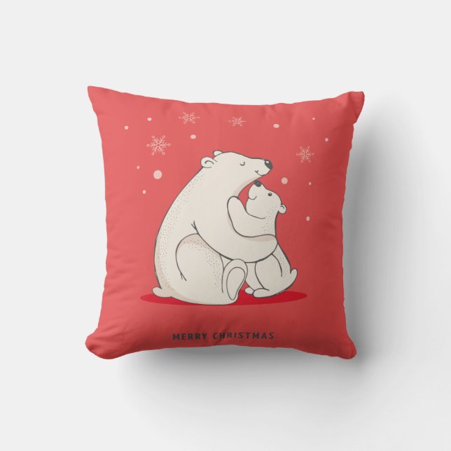 Cute Red Christmas Polar Bears Cushion (Front)