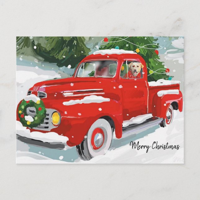 Cute Red Christmas Truck With Dog Holiday Postcard (Front)