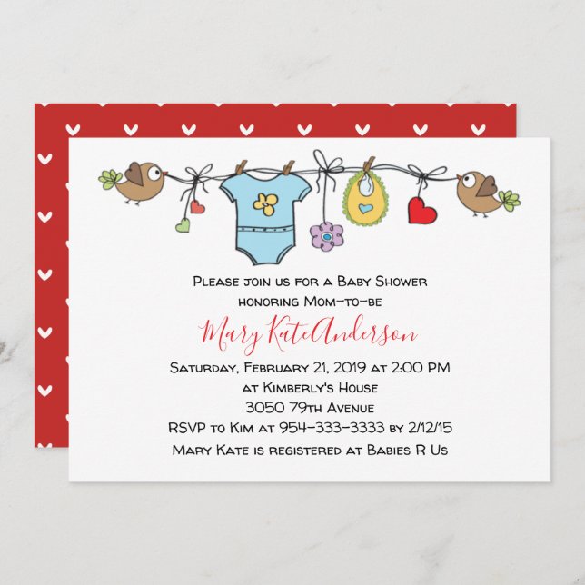 Cute Red Clothes Line Gender Neutral BABY SHOWER Invitation (Front/Back)