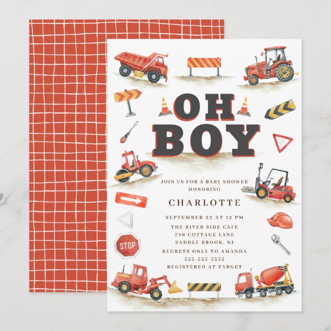 Cute Red Construction Truck Baby Shower Invitation (Front/Back)
