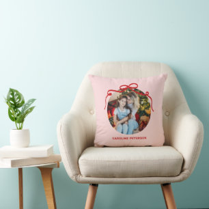 Cute Red Coquette Bow Ribbon Custom Photo Gift Cushion