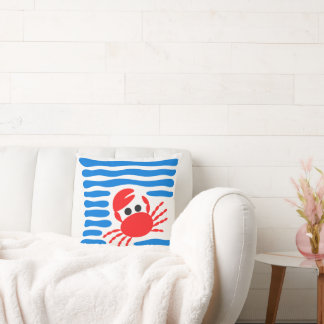 Cute Red Crab & Blue Waves Coastal Chowder Cushion