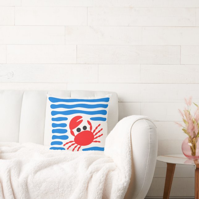 Cute Red Crab & Blue Waves Coastal Chowder Cushion (Couch)