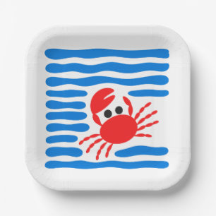 Cute Red Crab & Blue Waves Coastal Paper Plate