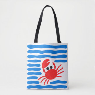Cute Red Crab & Blue Waves Coastal Tote Bag