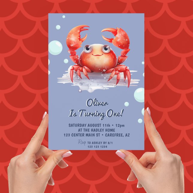 Cute Red Crab Boy 1st Birthday Invitation (Creator Uploaded)