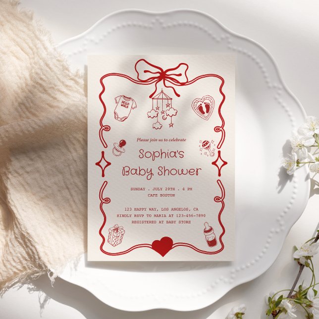Cute Red & Creamy Baby Shower for Girls or Boys  Invitation (Creator Uploaded)
