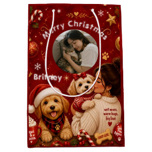 Cute Red Crimson Merry Christmas Dog Mum Photo Medium Gift Bag