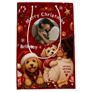 Cute Red Crimson Merry Christmas Dog Mum Photo Medium Gift Bag
